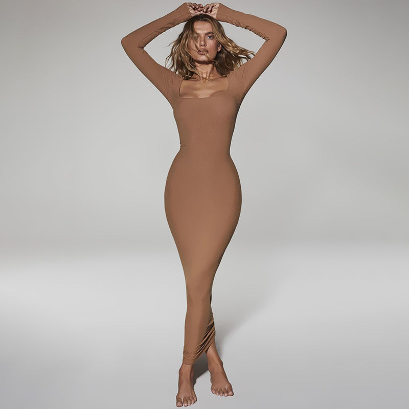 Women's Solid Color Long Sleeve Square Neck Slim Dress