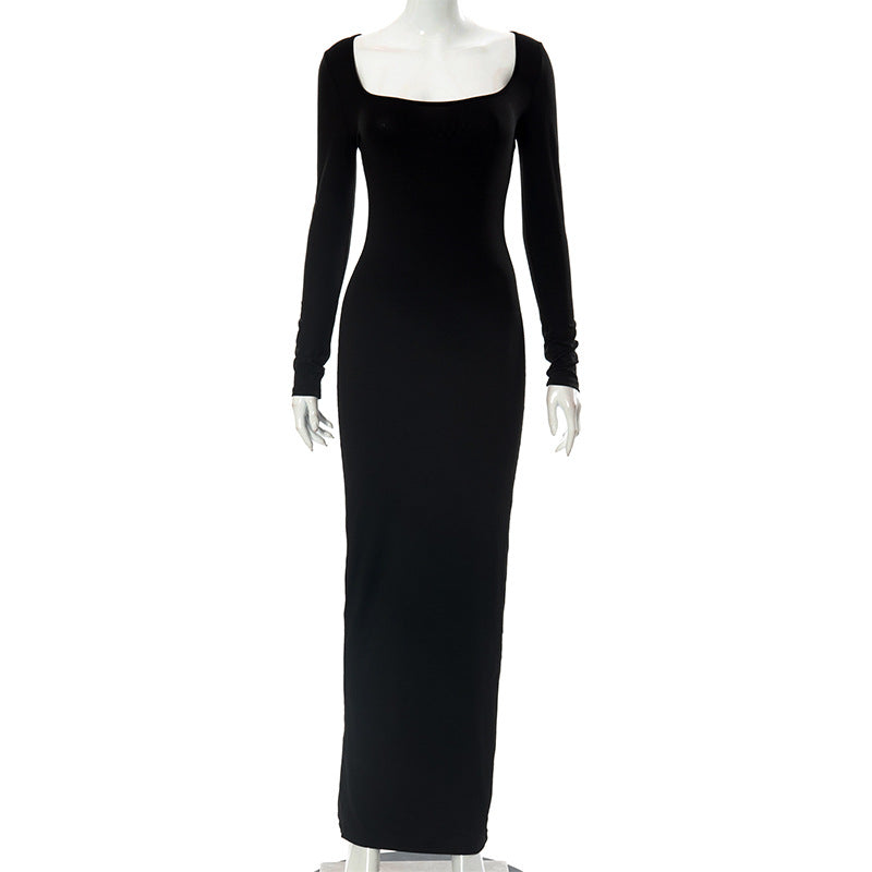 Women's Solid Color Long Sleeve Square Neck Slim Dress