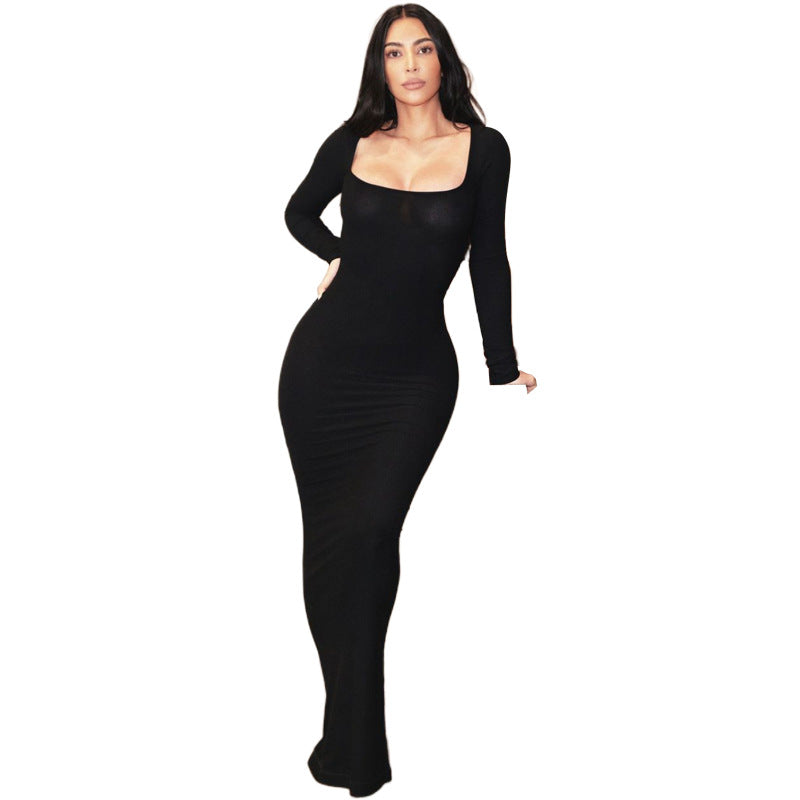 Women's Solid Color Long Sleeve Square Neck Slim Dress
