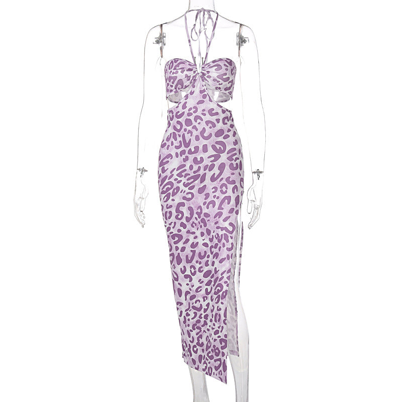 New Autumn And Winter Fashion Print Sexy Halter Neckless Sleeveless Dress