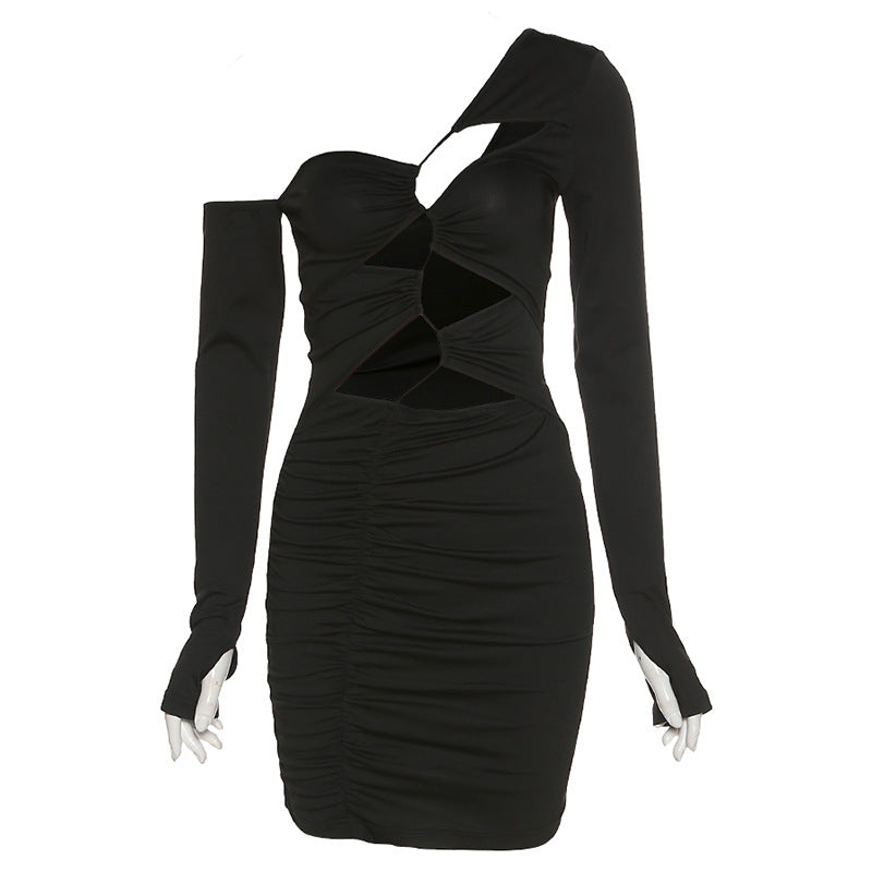 Slanted Shoulder Long Sleeve Hollow Slim Fit Hip Dress