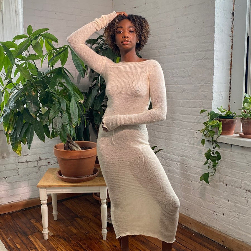 Fashion Trend Women's New Long-sleeved Round Neck Bag Hip Slim Slim Dress