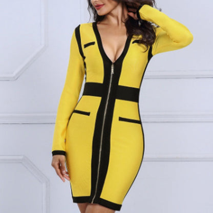 OL Pencil Skirt Contrast Color Deep V-neck Dress