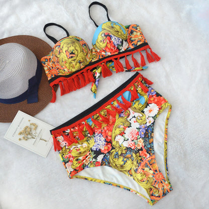 Corset top high waist multi-colored print tassel bikini