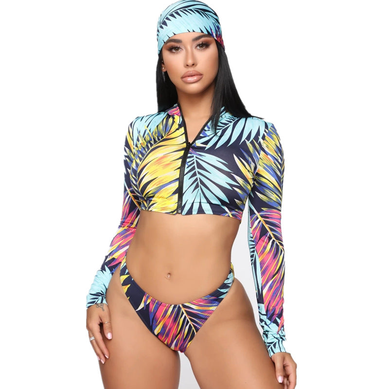 Long Sleeve Front Zipper Small Stand-up Collar Ladies Swimsuit