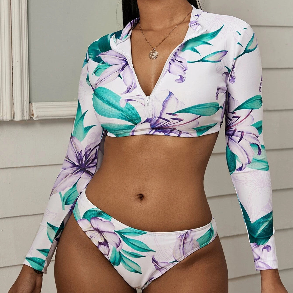 European And American Bikini Zipper Long Sleeve Printed Sexy Swimsuit