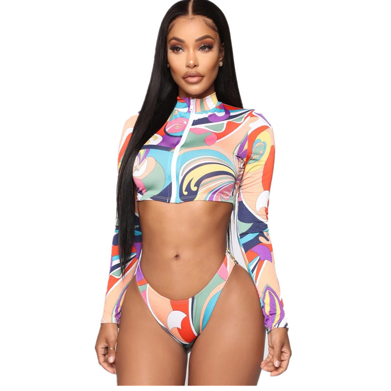Multi-Color Split Zipper Long-sleeved Top High Cut Bottom Bikini