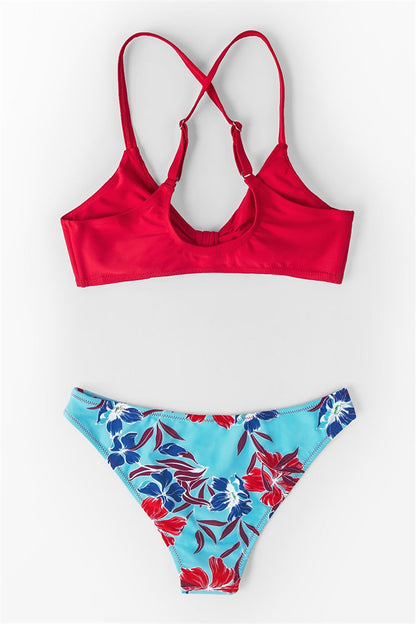 European And American Plain Cross-back Low-rise Print Bikini
