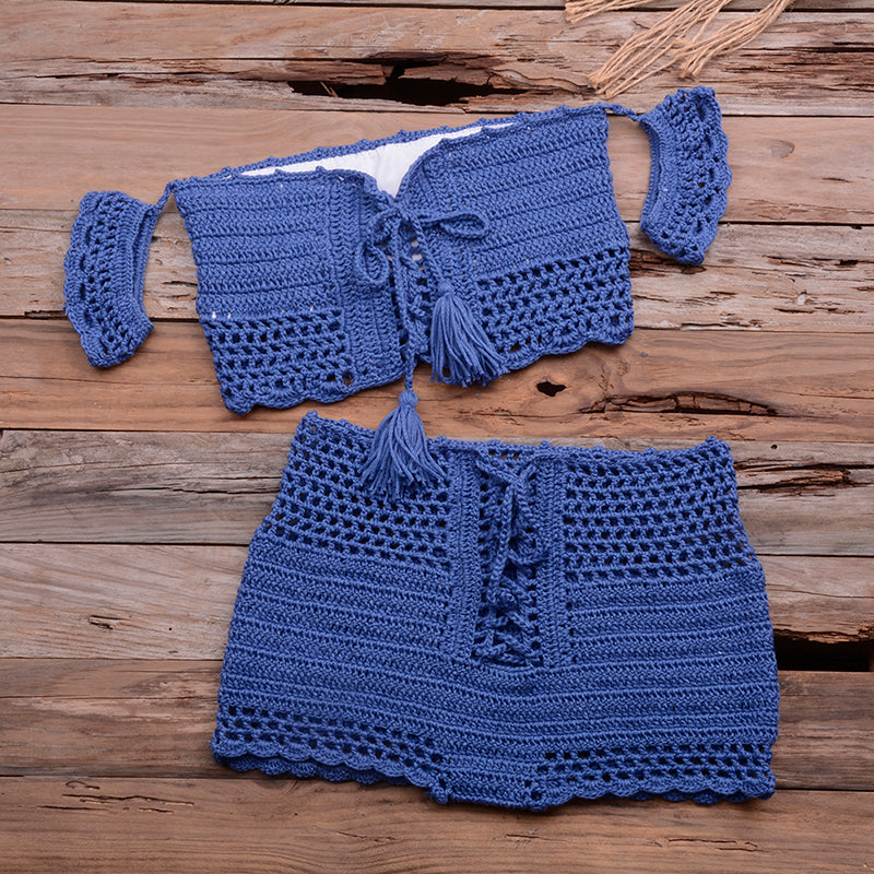European and American hot style six-color beach bikini suit women's knitted swimwear crochet bohemian bra
