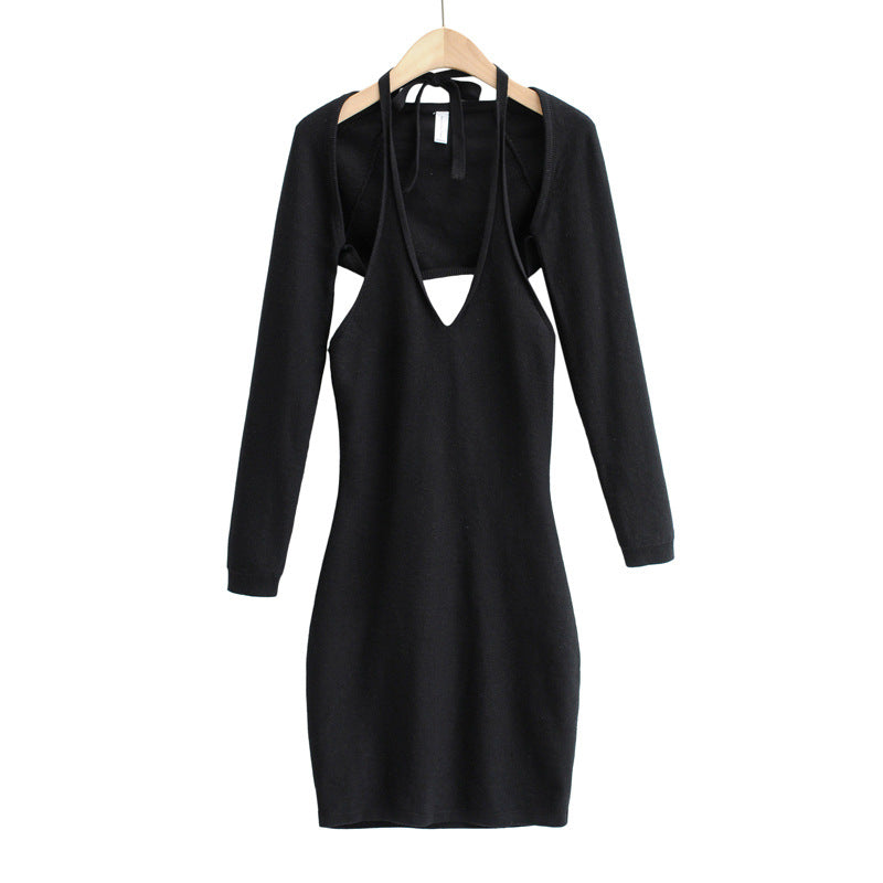 Sexy V  neck Halter Knitted Sling Dress and Long Sleeve Top Women