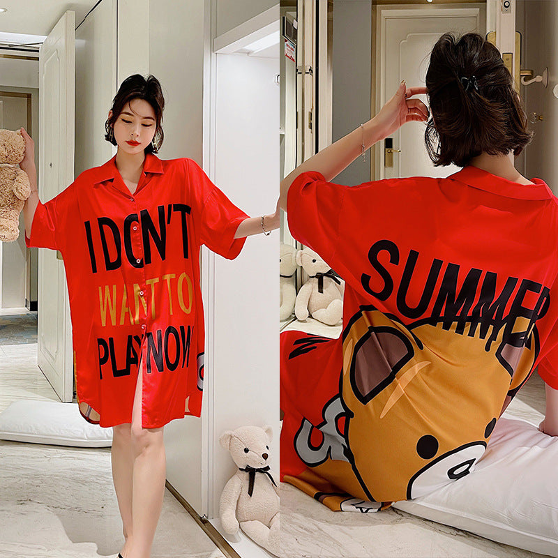 Summer New Ice Silk Nightdress  Silk Shirt Skirt Pajamas Home Service