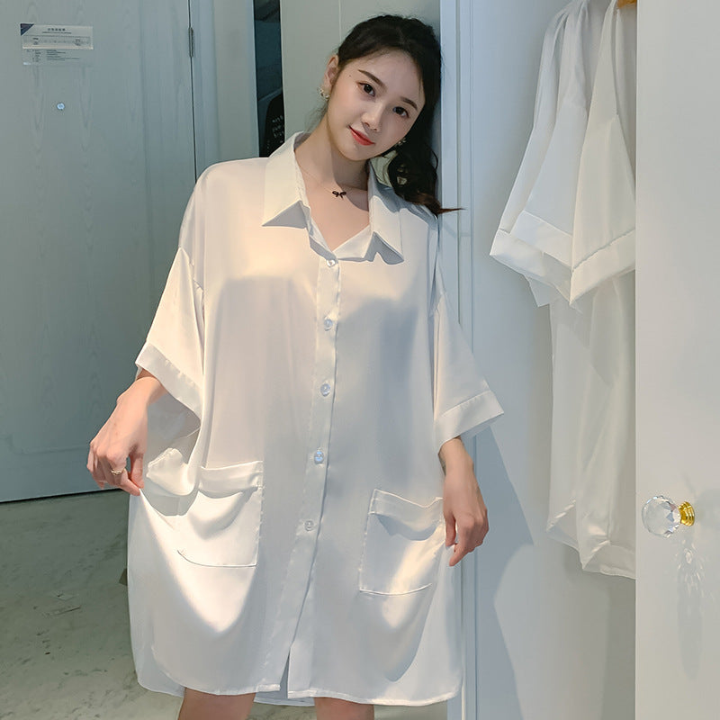Summer New Ice Silk Nightdress  Silk Shirt Skirt Pajamas Home Service
