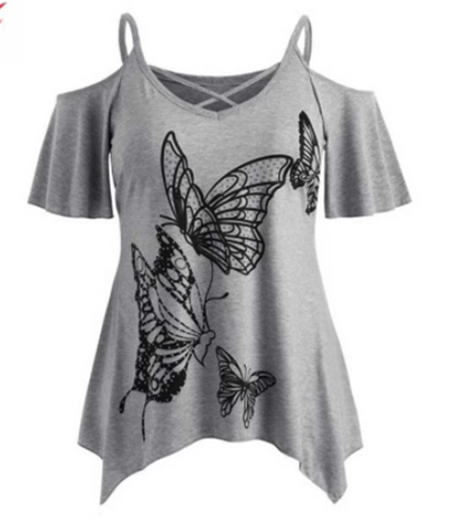 Sexy Front Cross Butterfly Print T-shirt Off Shoulder Short Sleeves