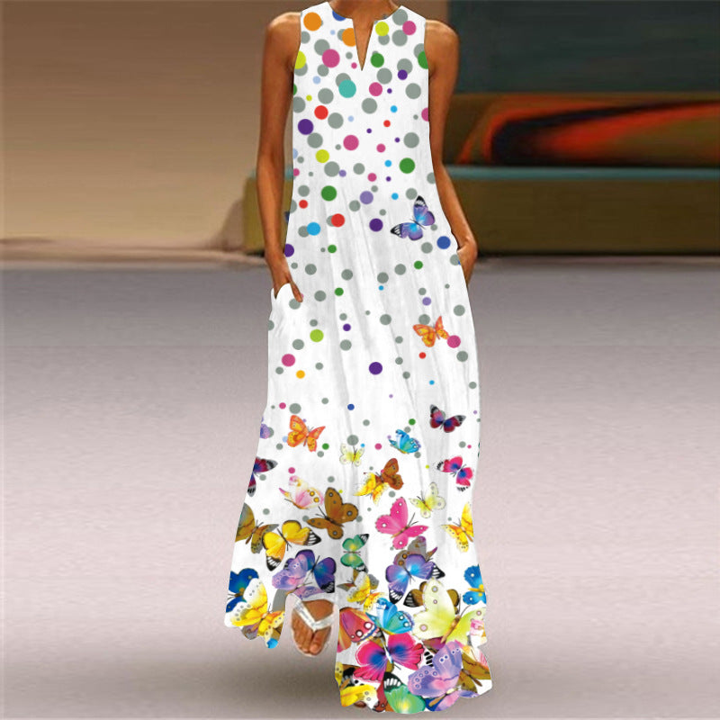 Women's Sleeveless v-Neck Butterfly Print Dress