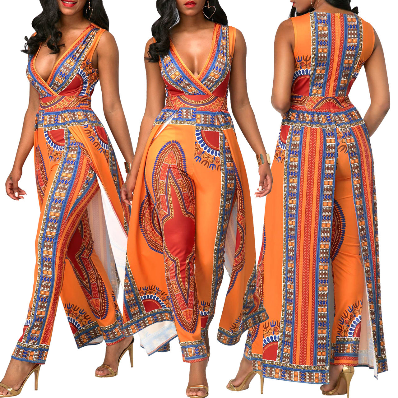 Positioning Print Orange Ethnic Jumpsuit