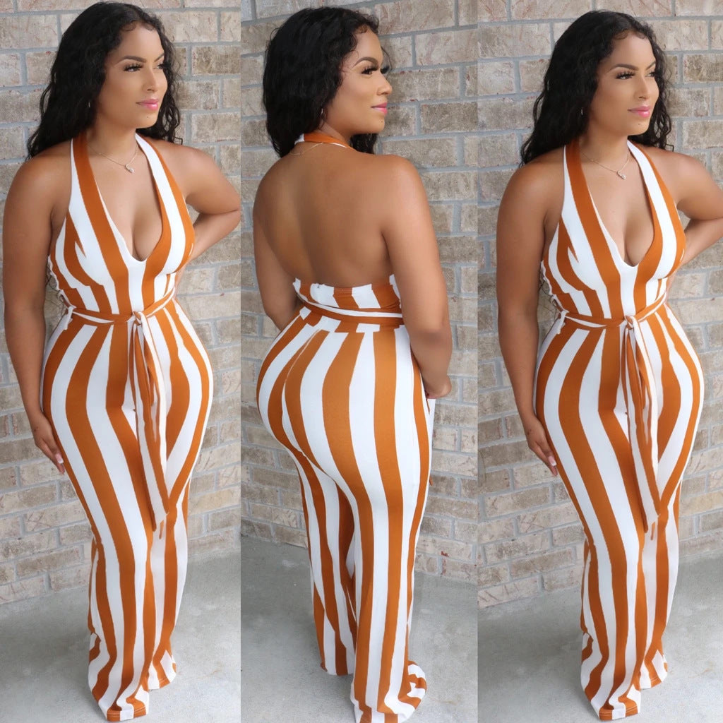 Halter Stripped Flared Jumpsuits