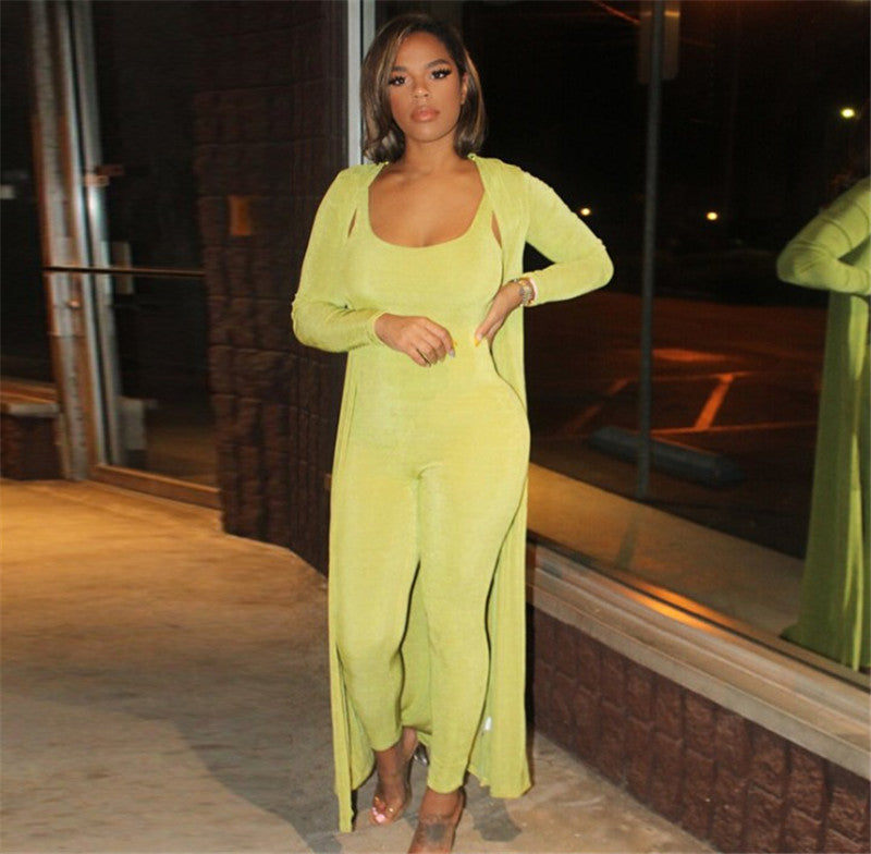 Pure Color Reflective Sexy Backless Casual Jumpsuit  Jacket Set