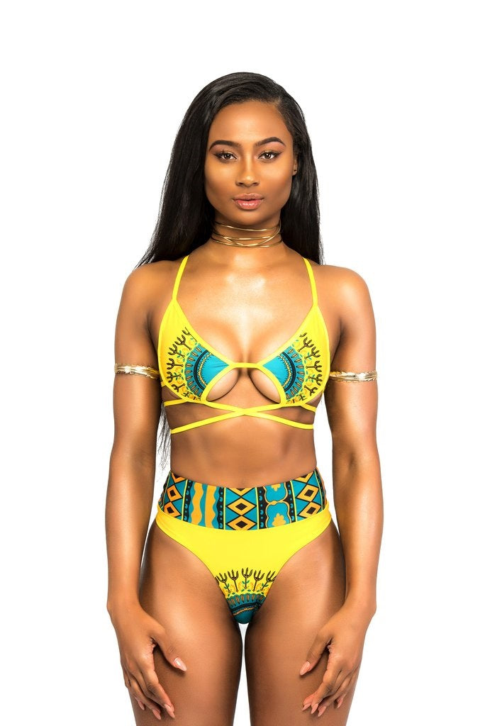 African Geometric Print Strappy Top High Waist Bottom Bikini