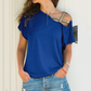 Womens Summer T Shirt Flare Short Sleeve Cold Shoulder Casual Loose Solid Blouse - Hendrick Brun