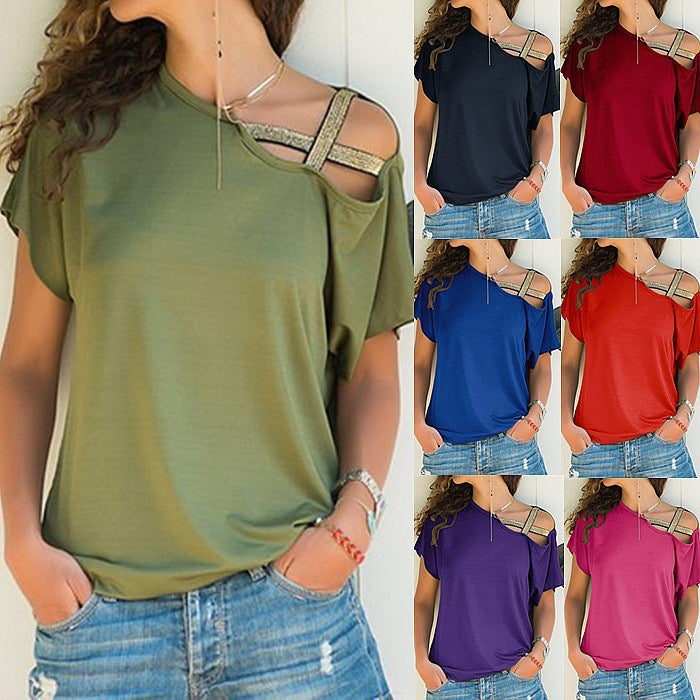 Womens Summer T Shirt Flare Short Sleeve Cold Shoulder Casual Loose Solid Blouse - Hendrick Brun