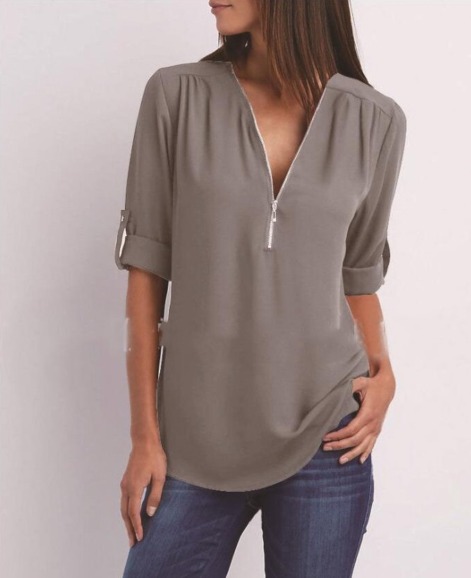 Women V-Neck Zipper T Shirt Loose Casual Blouse Long Sleeve Summer Top Plus Size - Hendrick Brun