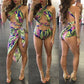 Three Piece Leaf Print Bandage Halter Top Bikini With Matching Sarong