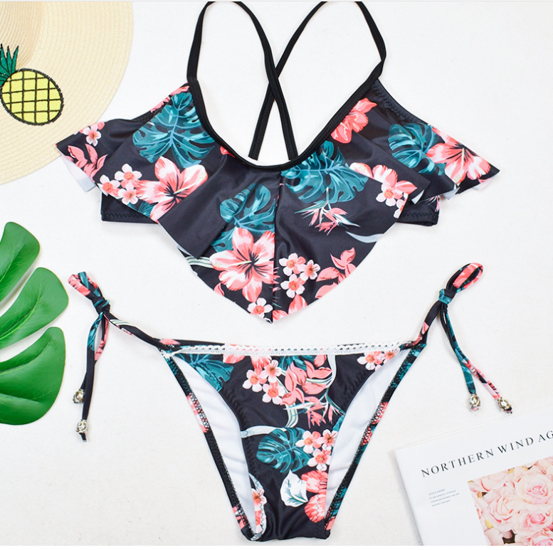 Swimsuit bohemian leaf print split bikini
