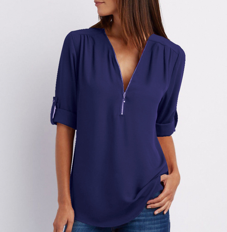 Women V-Neck Zipper T Shirt Loose Casual Blouse Long Sleeve Summer Top Plus Size - Hendrick Brun