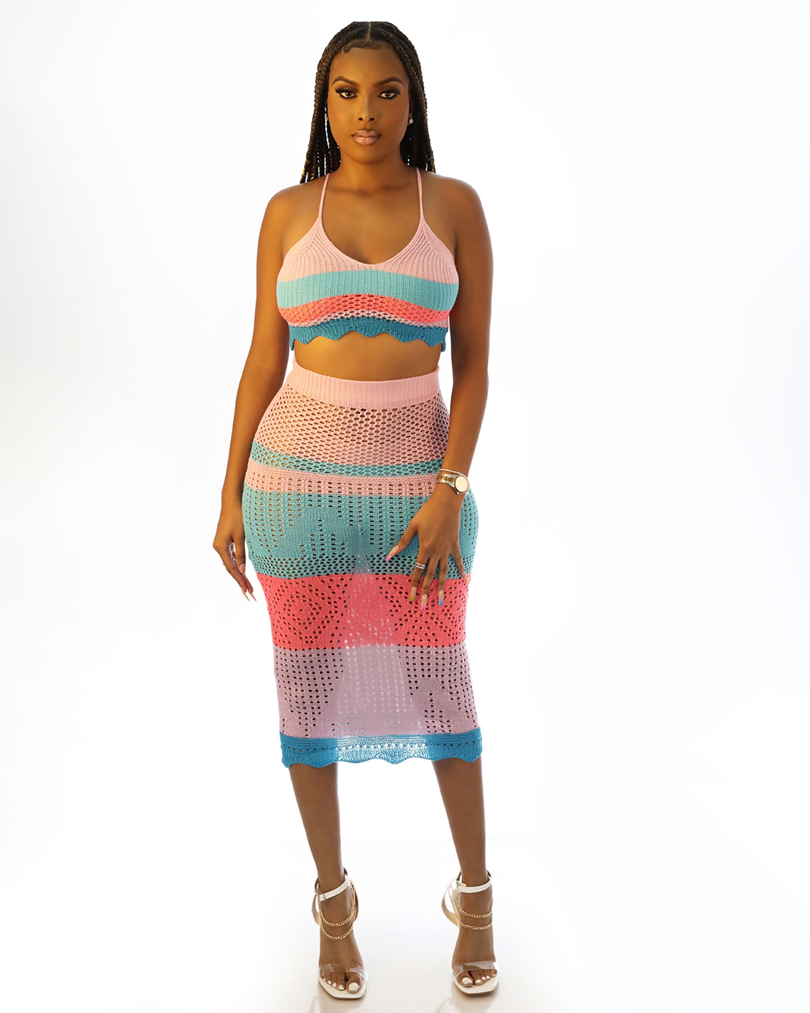 Women's Two Piece Camisole Multi-Color Knit Dress S / Red Women's Two Piece Camisole Multi-Color Knit Dress S / Red