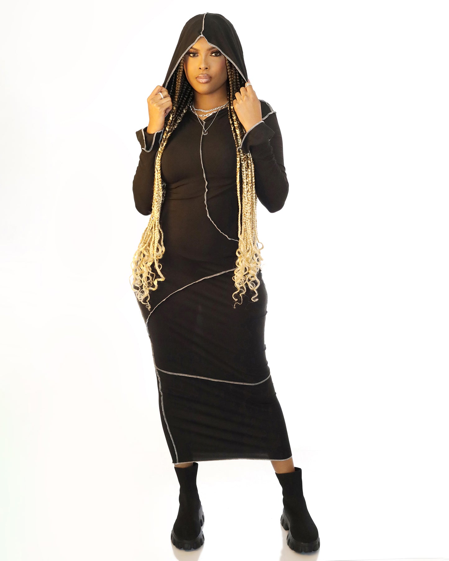 Womens Reverse Stitch Long Sleeved Hoodie Dress
