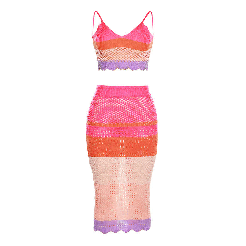 Women's Two Piece Camisole Multi-Color Knit Dress S / Red Women's Two Piece Camisole Multi-Color Knit Dress S / Red