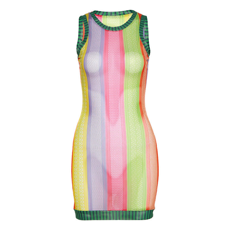 knee length dresses for ladies Women's Mesh Sheer Colorful Sleeveless Bodycon Print Dress S / Color