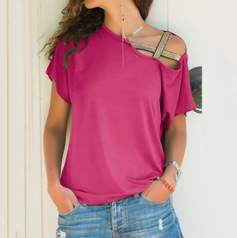 Womens Summer T Shirt Flare Short Sleeve Cold Shoulder Casual Loose Solid Blouse - Hendrick Brun