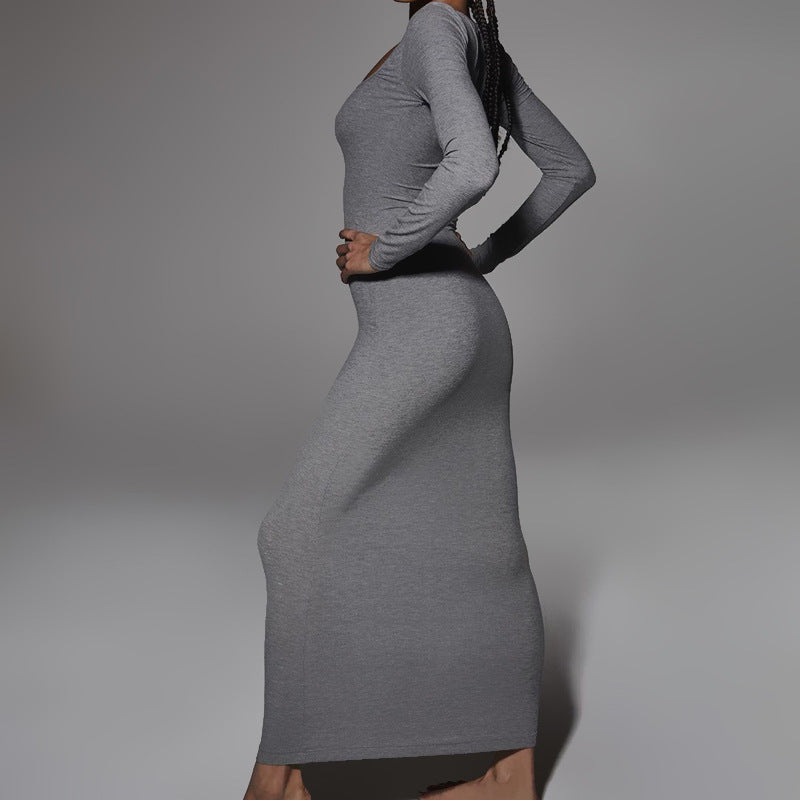 Women's Solid Color Long Sleeve Square Neck Slim Dress